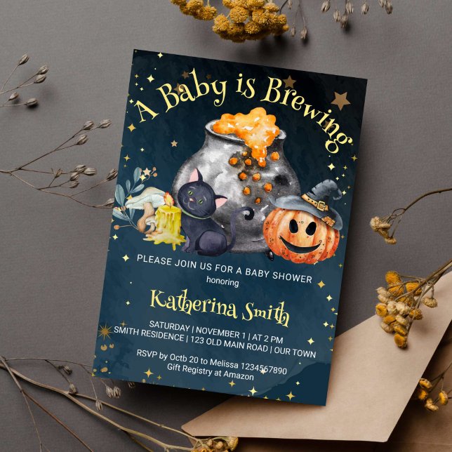 Halloween-babyduschen baby brinner inbjudningar (Baby is brewing Halloween baby shower template invitation instant download pot ghost pumpkin cat)