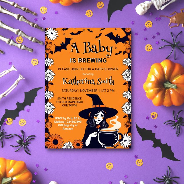 Halloween-babyduschen baby brinner inbjudningar (Halloween baby is brewing baby shower template invitation instant download cute witch bats retro)