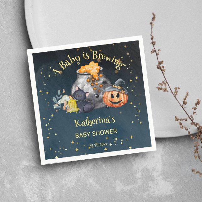 Halloween-babyduschen baby brinner pappersservett (Halloween baby is brewing baby shower tableware personalized napkins starry night brewing pot pumpki)