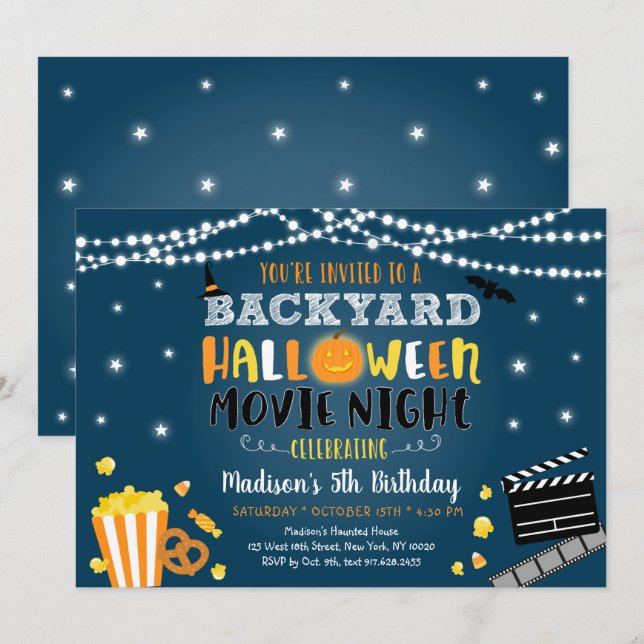 Halloween Backyard Movie Night Birthday Inbjudan (Fram/baksida)