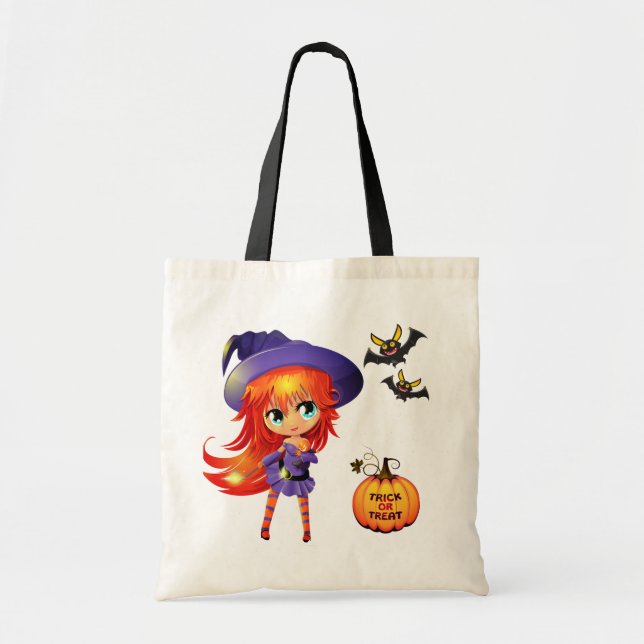 Halloween Bag-Girl Witch Tote Bag Tygkasse (Framsidan)