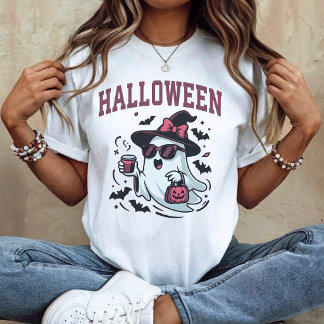 Halloween-båge - Söt spöke som håller kaffe rosa T Shirt