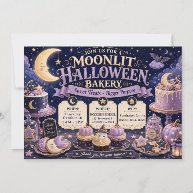 Halloween-bageri i månsken inbjudningar (Framsida)