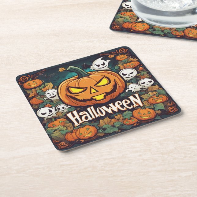 Halloween-Banner mit Kürbissen und Geistern -  Underlägg Papper Kvadrat (Vinklad)