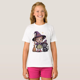 Halloween Barn Häxa Flicka Katt T-Shirt