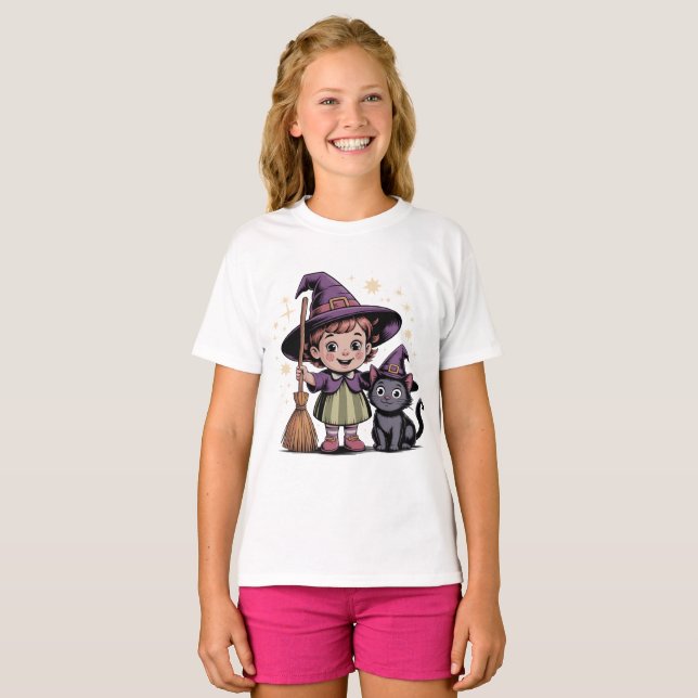 Halloween Barn Häxa Flicka Katt T-Shirt (Hel framsida)
