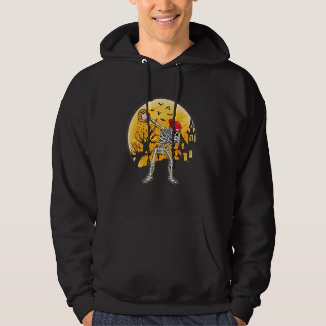Halloween Baseball Player Dabbing Skeleton Kids Bo Hoodie (Framsida)