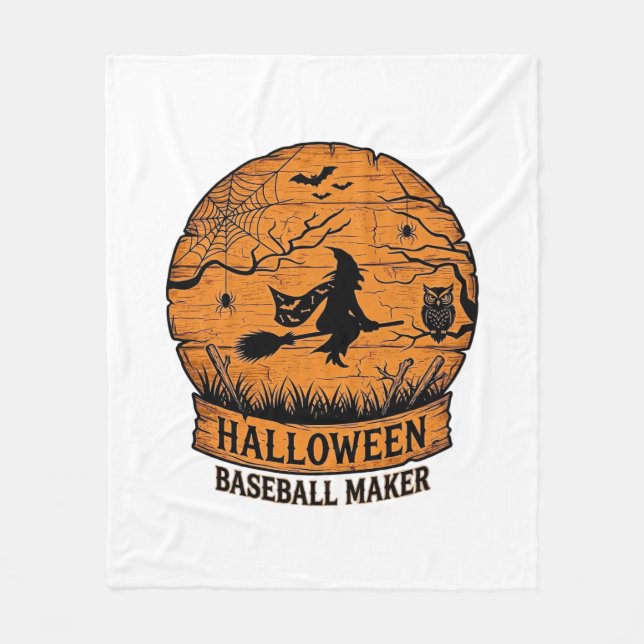 Halloween Baseboll Maker Flygande Häxa Trä Måne  Fleecefilt (Framsidan)