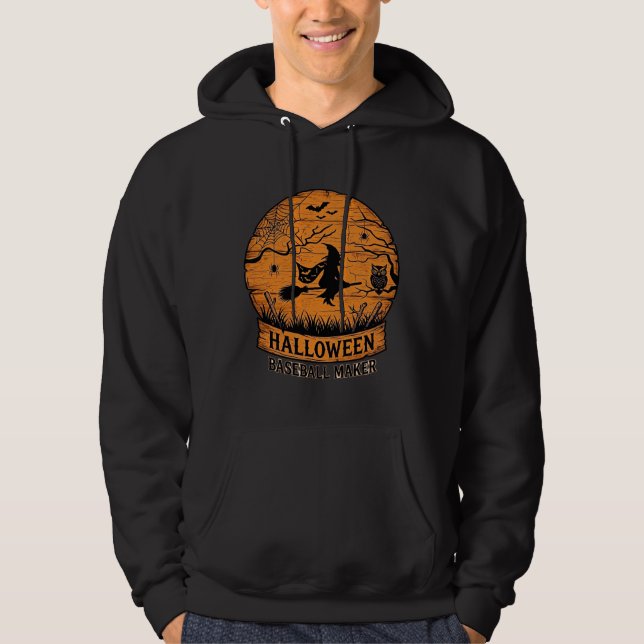 Halloween Baseboll Maker Flygande Häxa Trä Måne  Hoodie (Framsida)