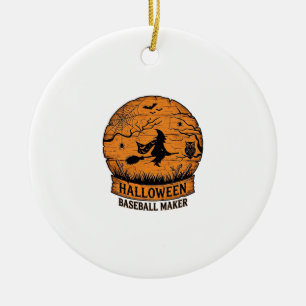 Halloween Baseboll Maker Flygande Häxa Trä Måne Julgransprydnad Keramik