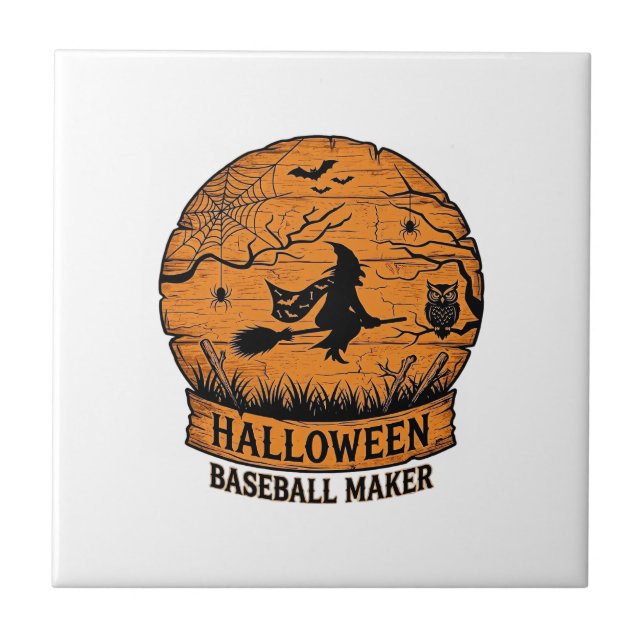 Halloween Baseboll Maker Flygande Häxa Trä Måne  Kakelplatta (Framsidan)