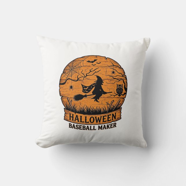 Halloween Baseboll Maker Flygande Häxa Trä Måne  Kudde (Framsida)