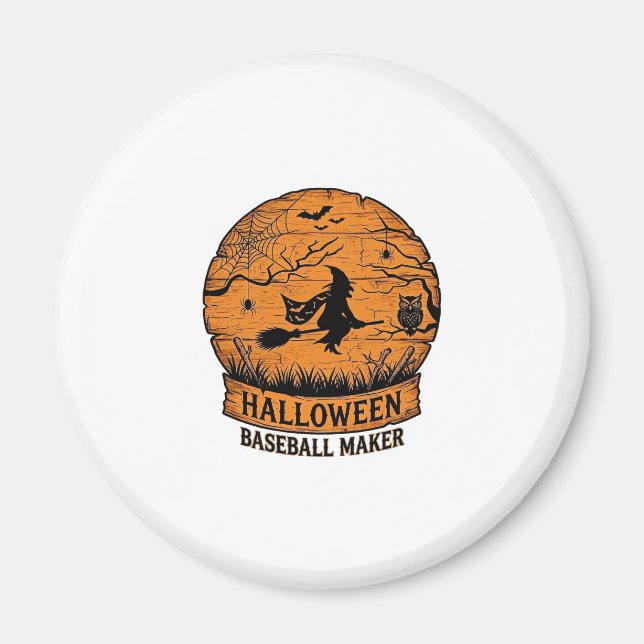 Halloween Baseboll Maker Flygande Häxa Trä Måne  Magnet (Framsidan)