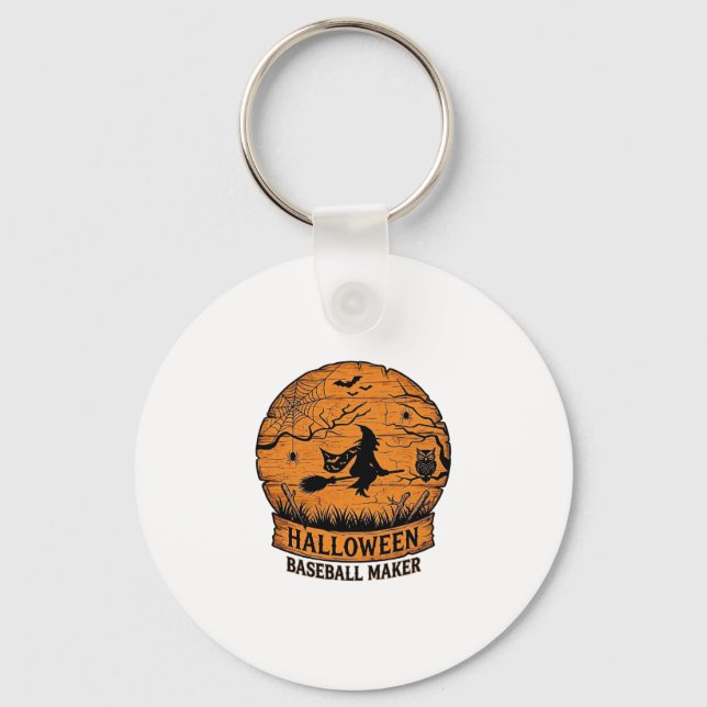 Halloween Baseboll Maker Flygande Häxa Trä Måne  Nyckelring (Framsida)