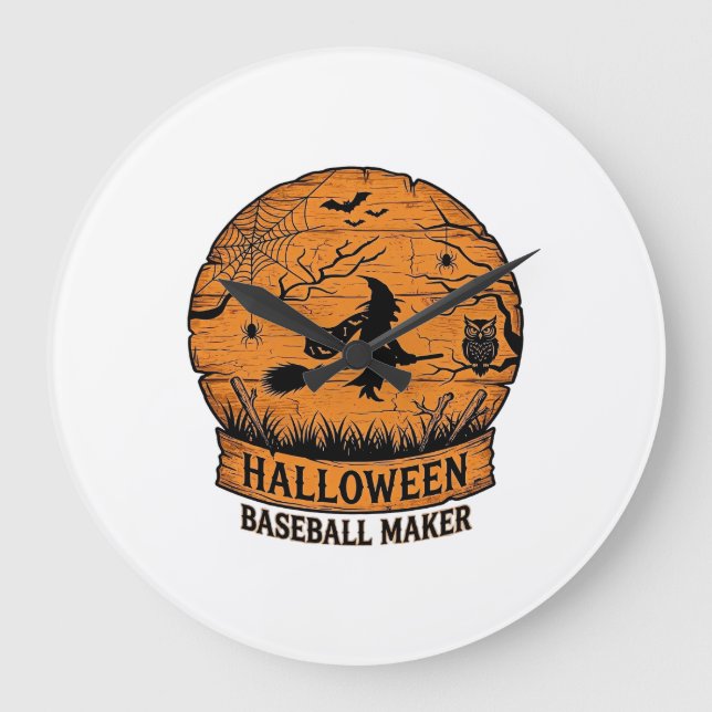 Halloween Baseboll Maker Flygande Häxa Trä Måne  Stor Klocka (Framsida)