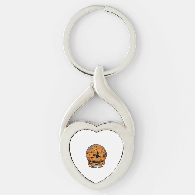 Halloween Baseboll Maker Flygande Häxa Trä Måne  Twisted Heart Silverfärgad Nyckelring (Framsidan)