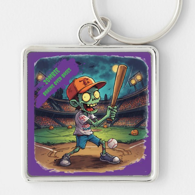 Halloween Baseboll, Zombie, Hjärnor Över Baser Fyrkantig Silverfärgad Nyckelring (Framsidan)