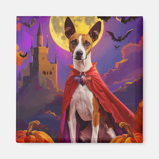 Halloween Basenji Hund Pumpa Skräckinjagande Magnet (Framsidan)