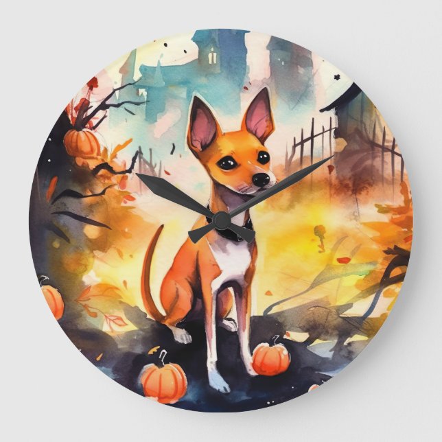 Halloween Basenji Med Pumpa Skräck  Stor Klocka (Framsida)