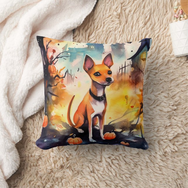Halloween Basenji Med Pumpa Skräckinjagande Kudde (Filt)