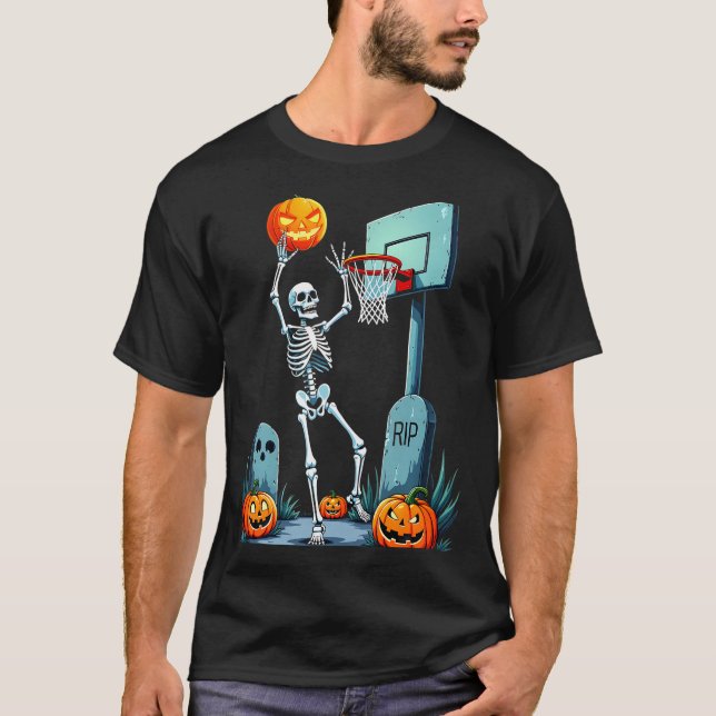 Halloween Basketball Skeleton Pumpkin T Shirt (Framsida)