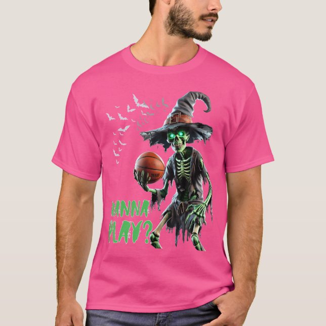 Halloween Basketball Wanna Play Spooky Skeletal Wi T Shirt (Framsida)