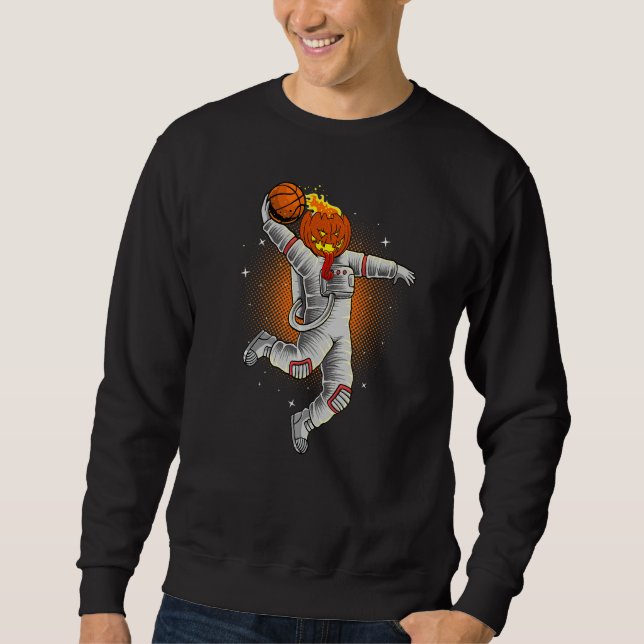 Halloween Basketspelare Astronaut Pumpa Jack Lång Ärmad Tröja (Framsida)
