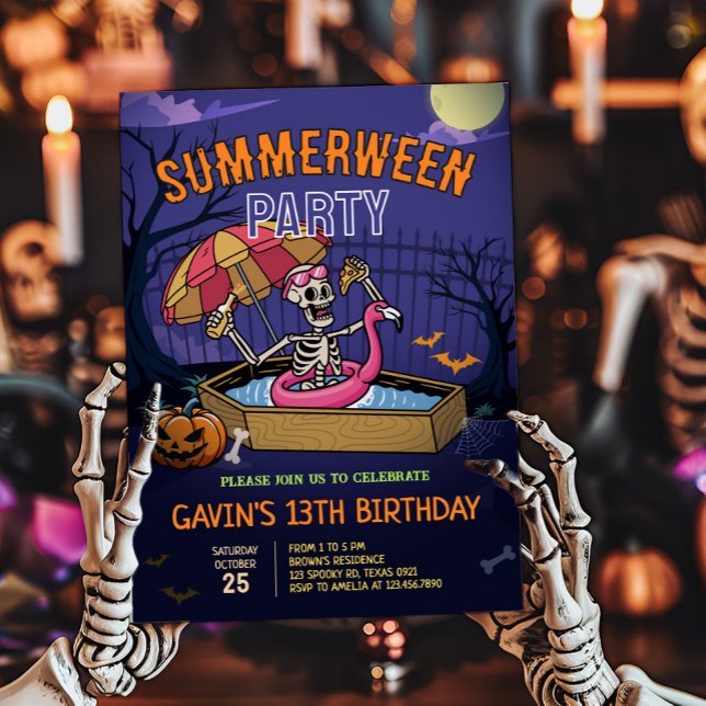 Halloween Bassäng Summerween Birthday Inbjudningar (Halloween Summerween Pool Birthday Invitation )