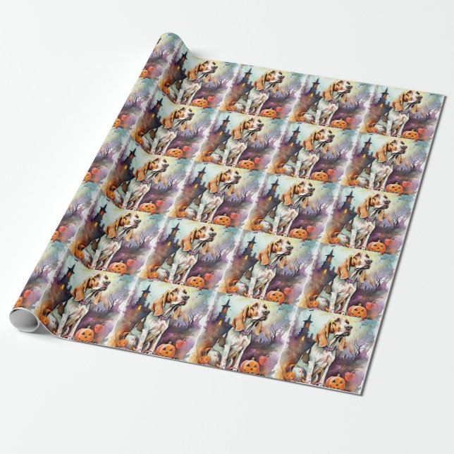 Halloween Basset Hound Med Pumpa Skräckinjagande Presentpapper (Utrullad)