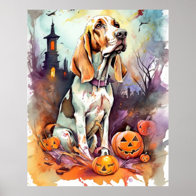 Halloween Basset Hound med pumpor Scary Poster (Framsidan)