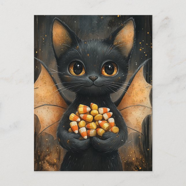 Halloween Bat Cat With Candy Vykort (Framsida)