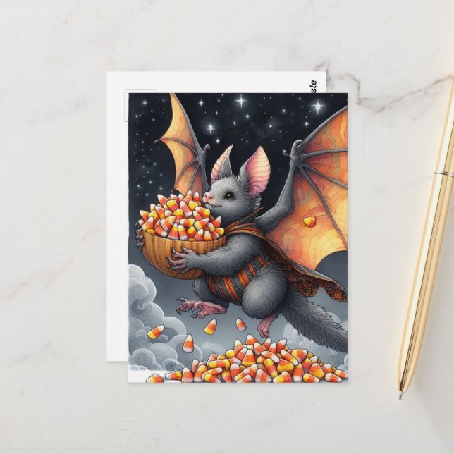Halloween Bat Flying Squirrel Hybrid with Candy Vykort (Fram/Back In Situ)
