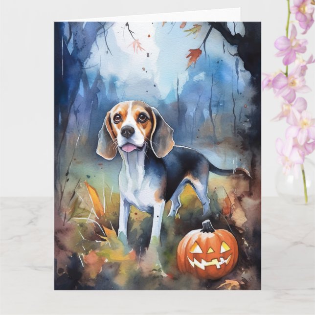 Halloween Beagle Med Pumpa Skräckinjagande Kort (Orkide)