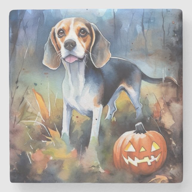 Halloween Beagle Med Pumpa Skräckinjagande Stenunderlägg (Framsidan)