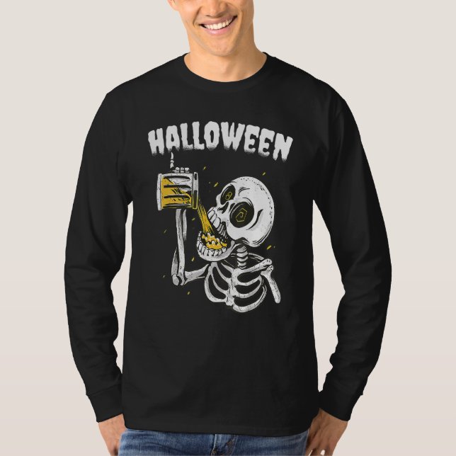 Halloween Beer Drinking Skeleton T Shirt (Framsida)