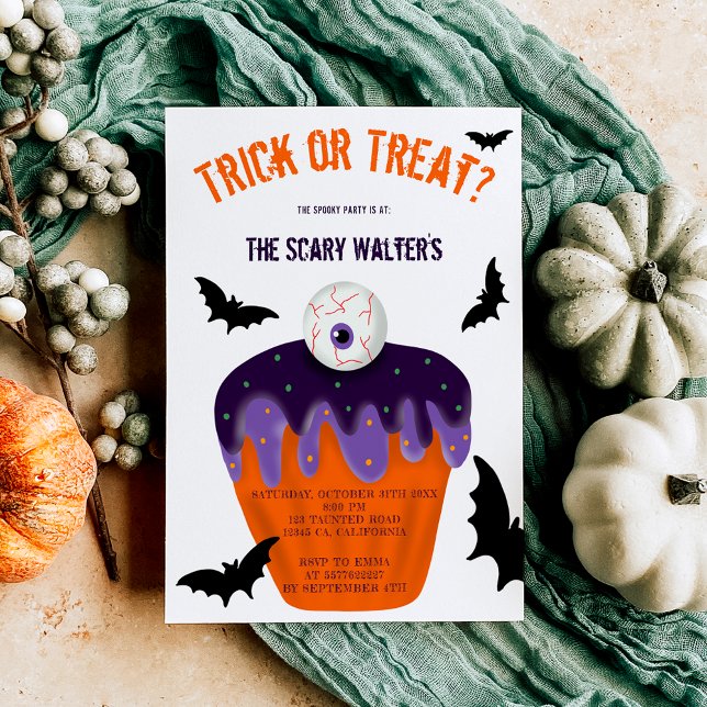 Halloween behandlar eller trillar ögonkaka party inbjudningar (Halloween treat or trick eyeball cupcake party invitation)