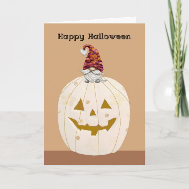 Halloween Beige Pumpkin med Gnome Kort (Framsida)