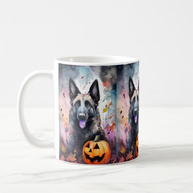 Halloween belgisk vallhund med pumpor läskig kaffemugg (Vänster)