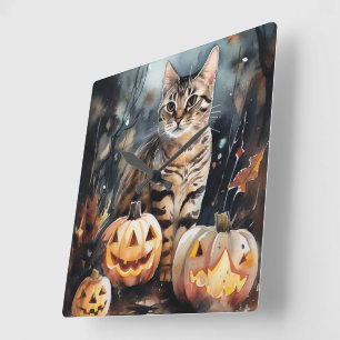 Halloween Bengal Katt Med Pumpa Skräckinjagande Fyrkantig Klocka