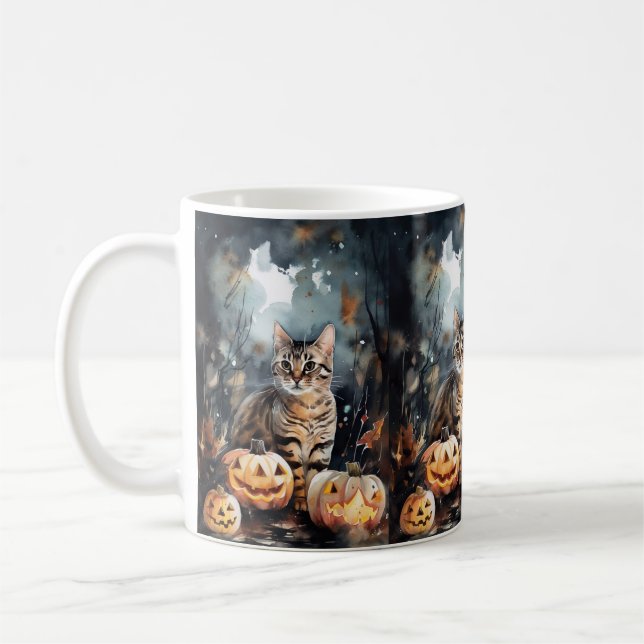 Halloween Bengal Katt Med Pumpa Skräckinjagande Kaffemugg (Vänster)