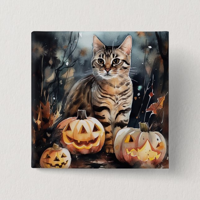Halloween Bengal Katt Med Pumpa Skräckinjagande Knapp (Framsida)