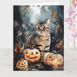 Halloween Bengal Katt Med Pumpa Skräckinjagande Kort