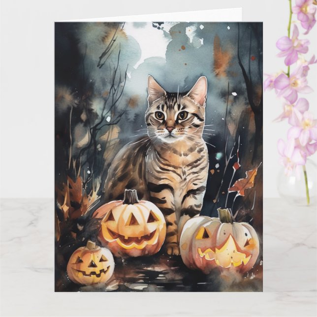 Halloween Bengal Katt Med Pumpa Skräckinjagande Kort (Orkide)
