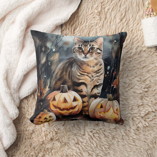 Halloween Bengal Katt Med Pumpa Skräckinjagande Kudde (Filt)