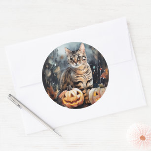 Halloween Bengal Katt Med Pumpa Skräckinjagande Runt Klistermärke