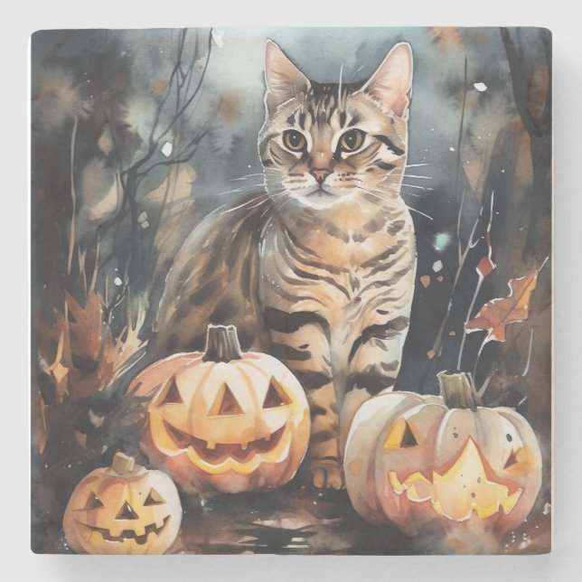 Halloween Bengal Katt Med Pumpa Skräckinjagande Stenunderlägg (Framsidan)