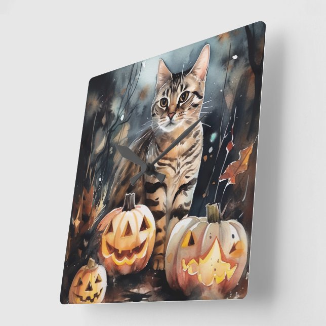 Halloween-bengalkatt med pumpor fyrkantig klocka (Vinkel)