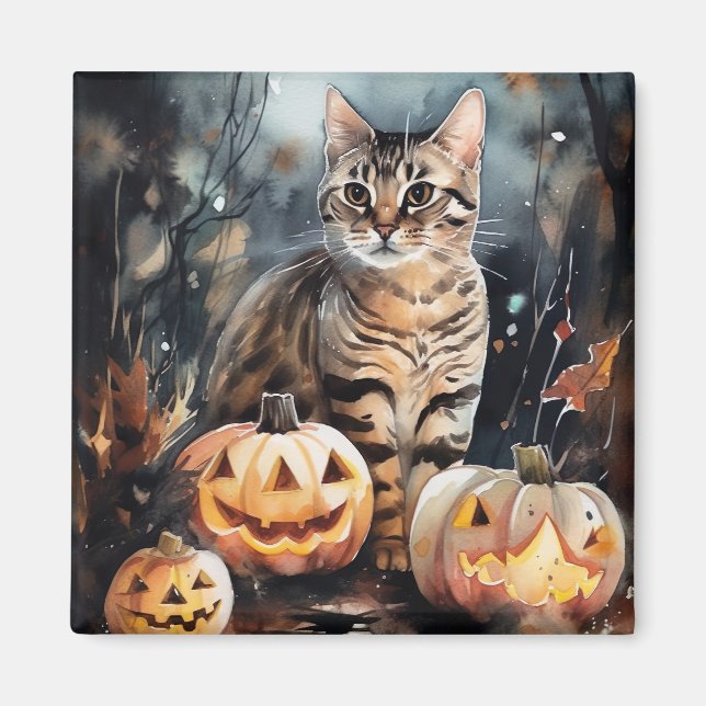 Halloween-bengalkatt med pumpor magnet (Framsidan)