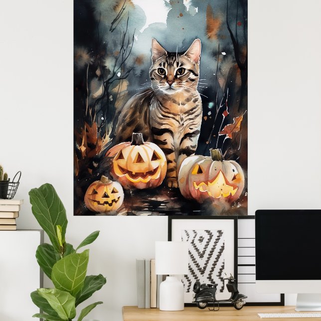 Halloween-bengalkatt med pumpor poster (Hemmakontoret)
