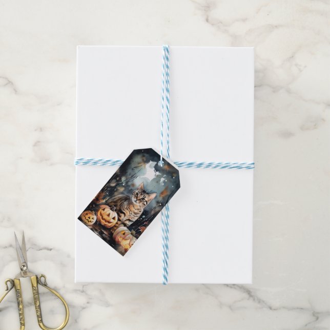 Halloween-bengalkatt med pumpor presentetikett (Med Snöre)